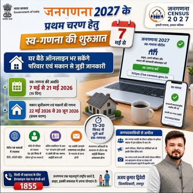 जनगणना 2027 की शुरुआत: 7 मई से स्व-गणना अभियान, नागरिकों से बढ़-चढ़कर भागीदारी की अपील