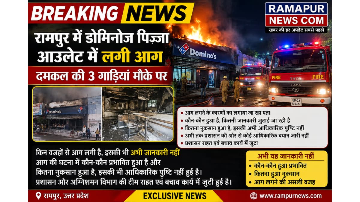 रामपुर में डोमिनोज पिज्जा आउटलेट में लगी भीषण आग, दमकल की 3 गाड़ियां मौके पर, कारणों का खुलासा नहीं